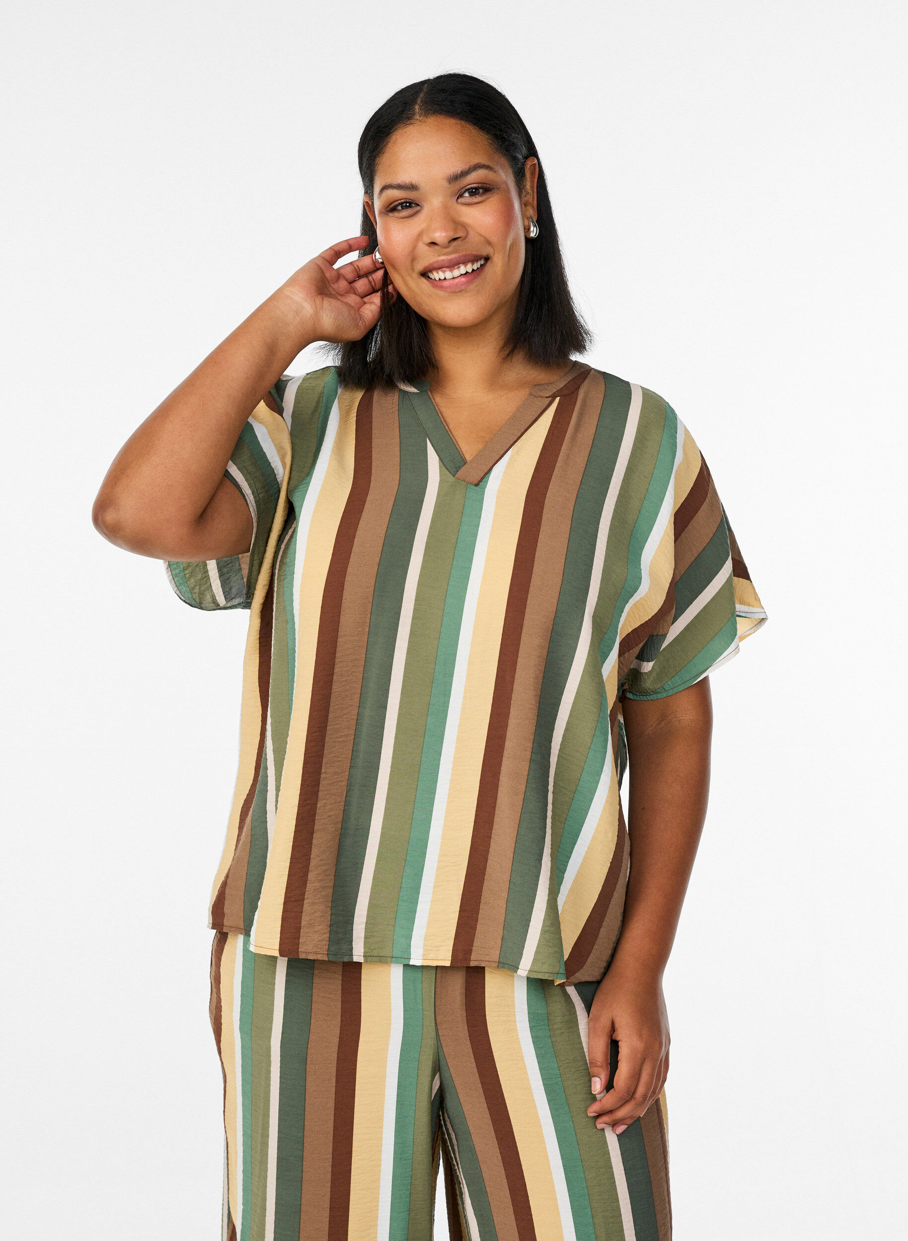 Zizzifashion Striped viscose blouse with short sleeves, Brown, Model image number 0