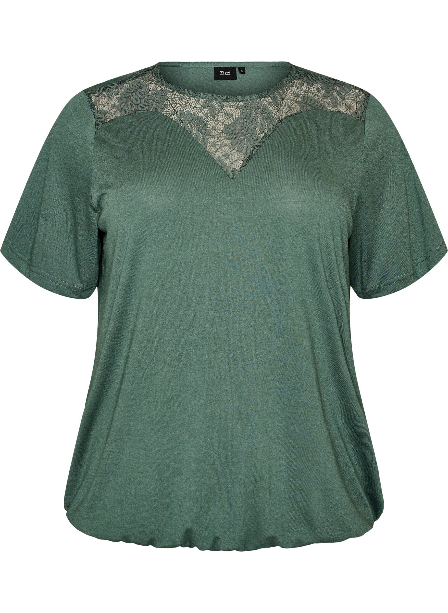 ZizzifashionBlouse with lace insert and balloon sleeves, Green, Packshot image number 0