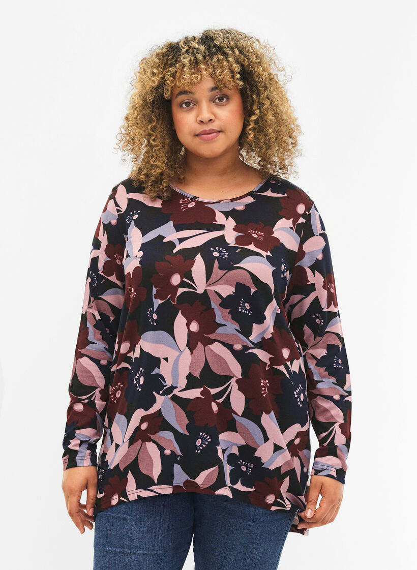 Floral Blouse with long sleeves, Black Rose Flower, Model image number 0