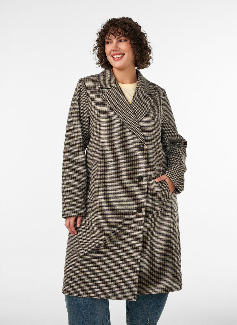 Mid-length checked coat, Brown, Model image number 1