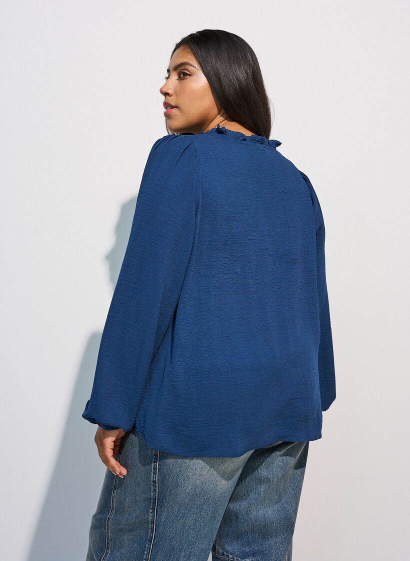Blouse with V-neck and crochet band, Blue, Model image number 2