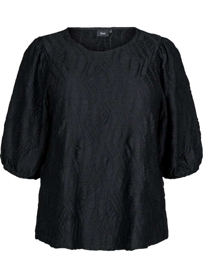 Blouse with texture and 3/4 sleeves, Black, Packshot image number 0