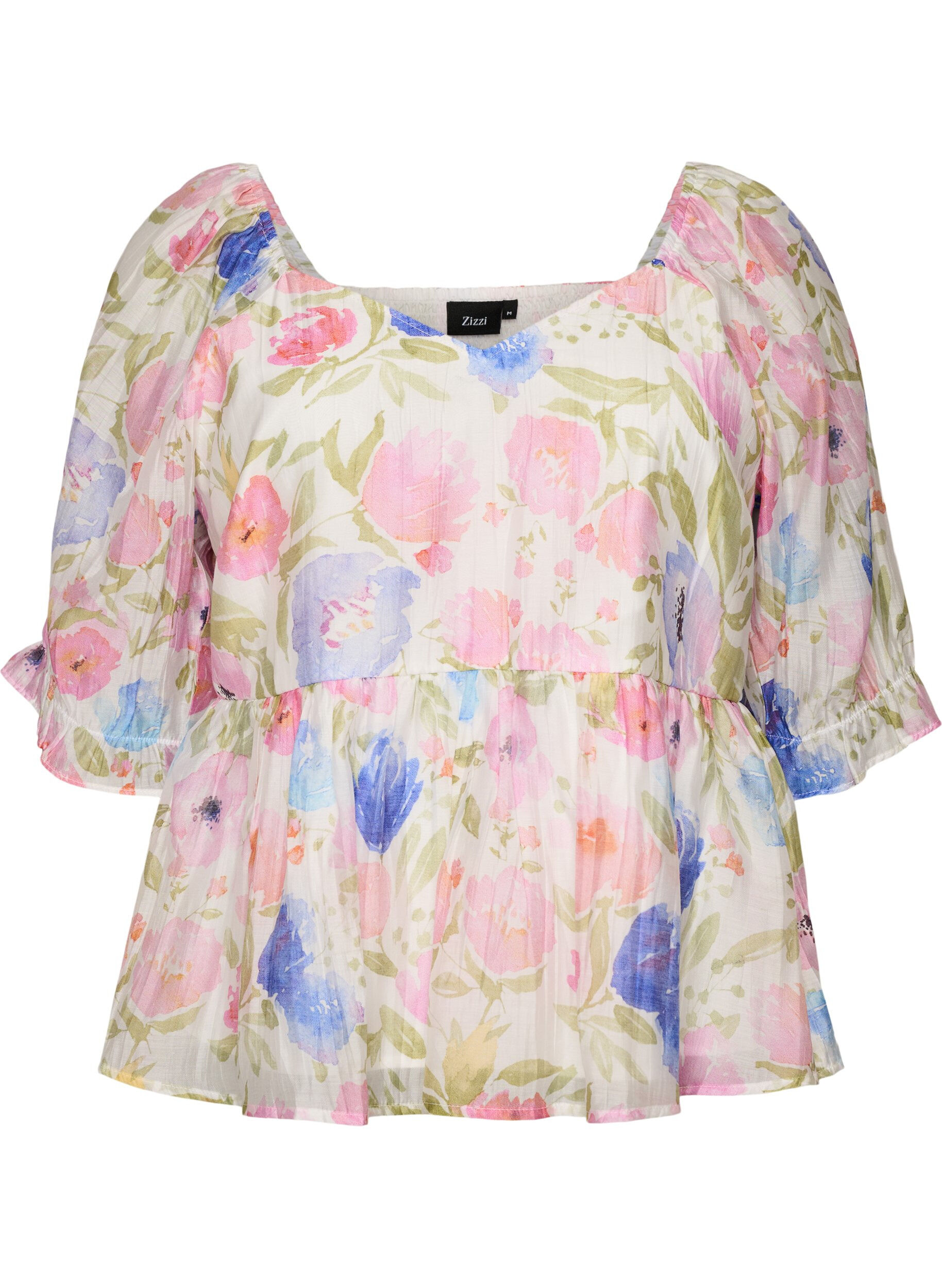 Lyocell blouse with floral print and sweetheart neckline