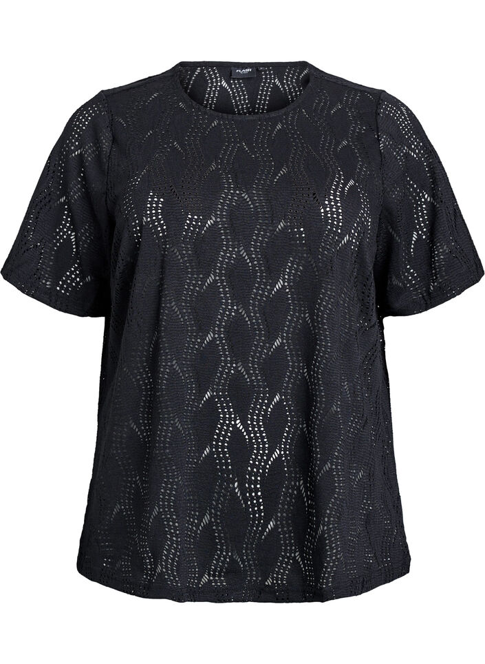 FLASH - Jersey T-shirt with eyelet pattern, Black, Packshot image number 0