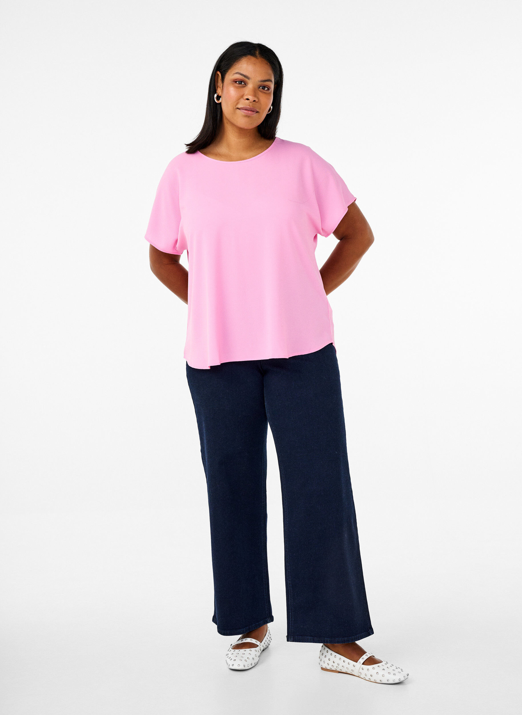Zizzifashion Blouse with short sleeves and a round neckline, Pink, Model image number 1