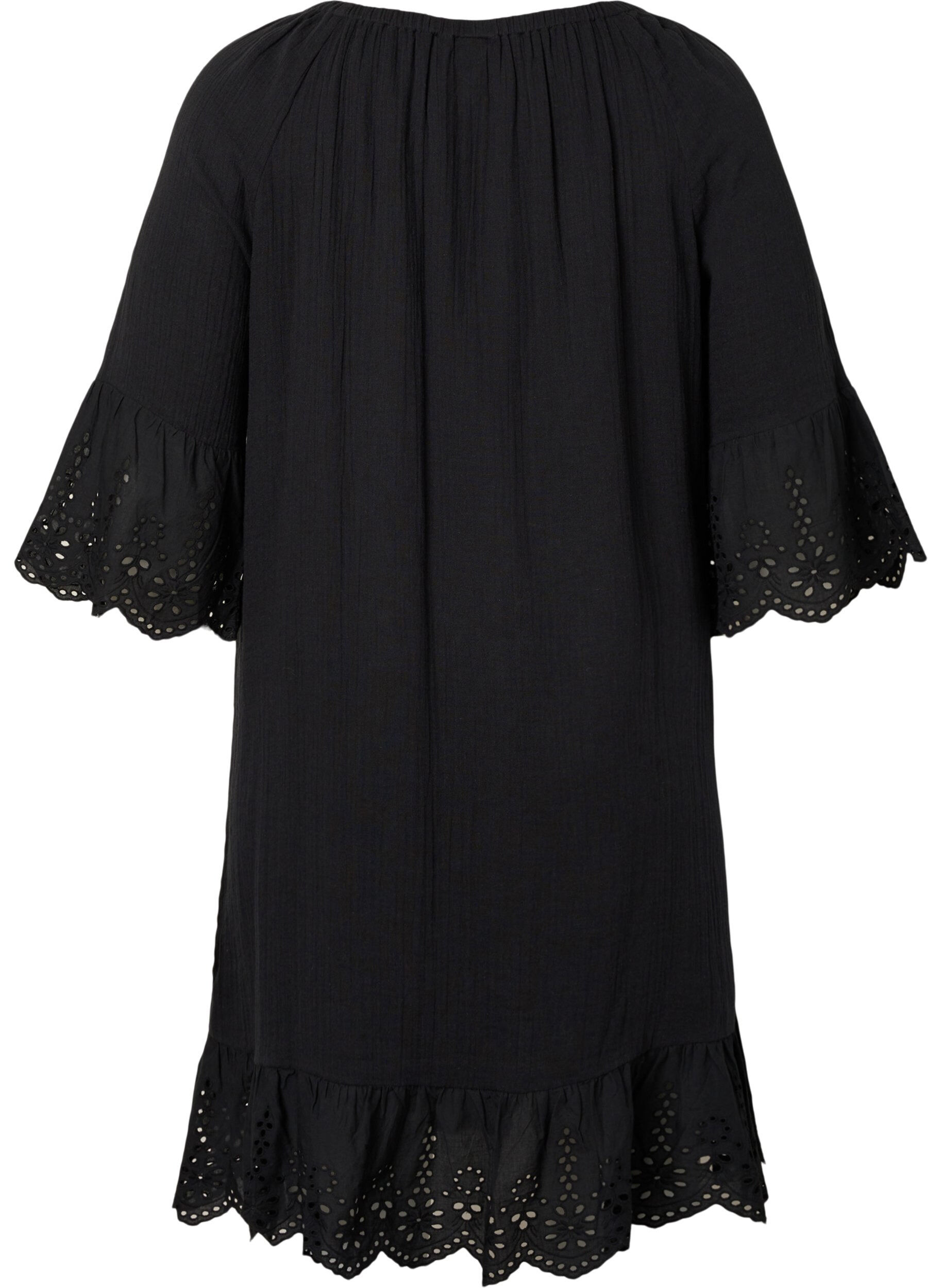 Zizzifashion Cotton dress with embroidery anglaise, Black, Packshot image number 1