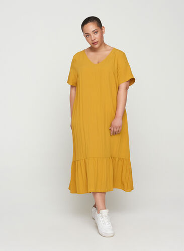 Short-sleeved viscose dress with v-neck, Harvest Gold, Model image number 0