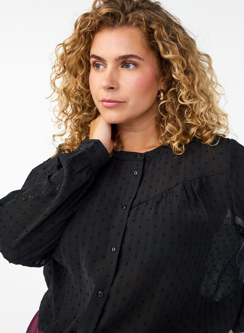 Shirt with a textured dot pattern and embroidery details, Black, Model image number 3