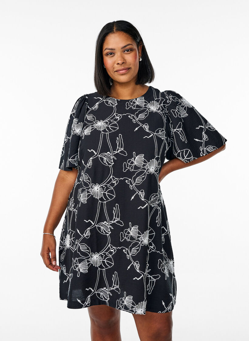 Short A-line dress with embroidered pattern, Black, Model image number 0