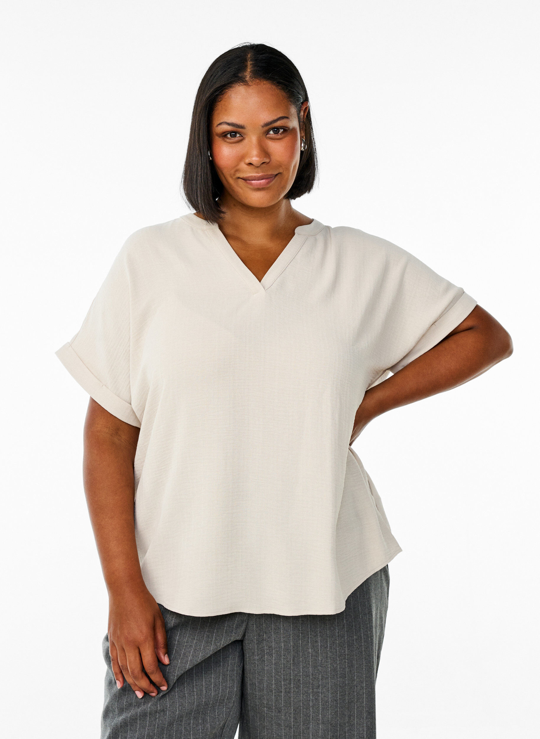Loose blouse with short sleeves, Beige, Model