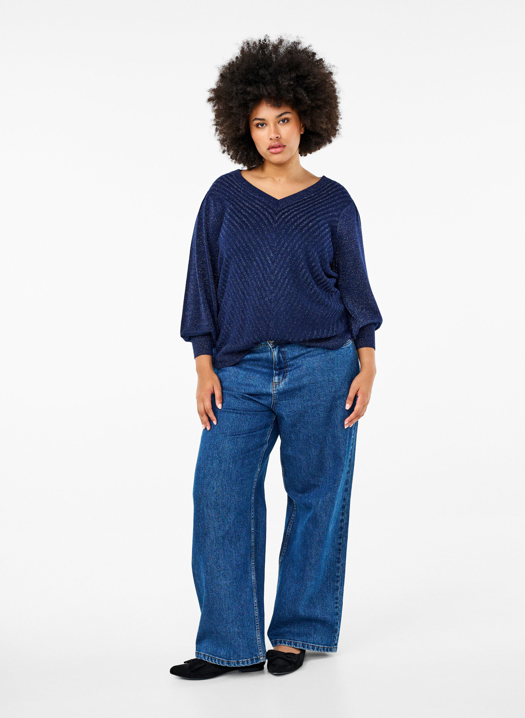 Zizzifashion Knitted blouse with shimmer and V-neck, Naval A.w.Blue Lurex, Model image number 2