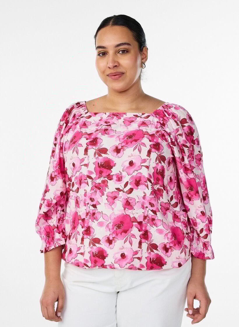 Viscose blouse with a square neck and 3/4-sleeves, Pink, Model image number 0