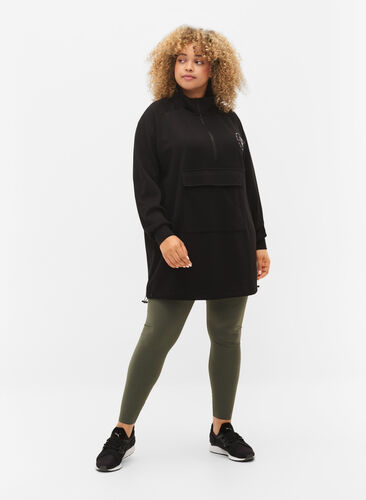 Long sweatshirt with pocket and zipper, Black, Model image number 2