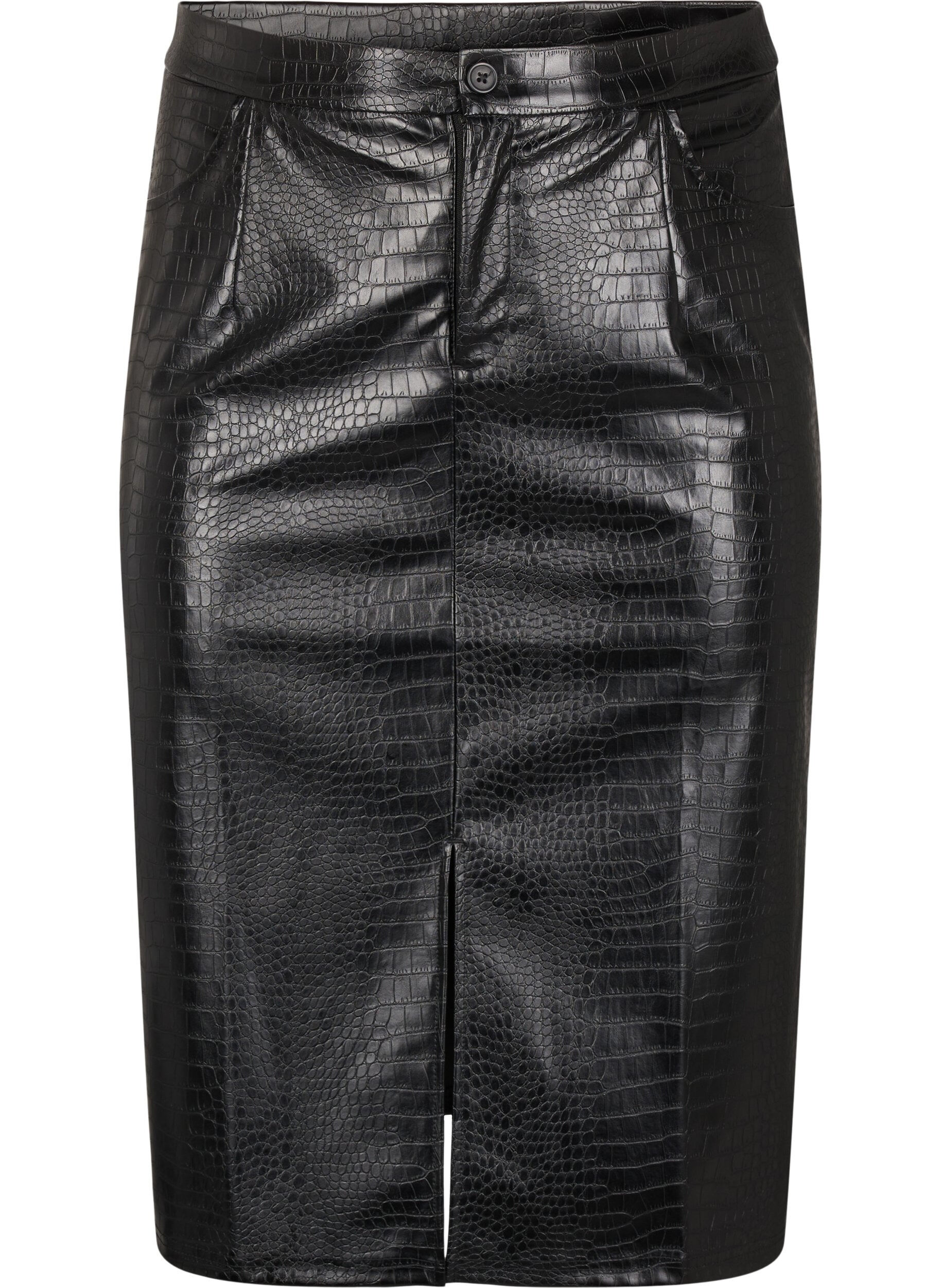 Zizzifashion Faux leather skirt with a front slit, Black, Packshot image number 0