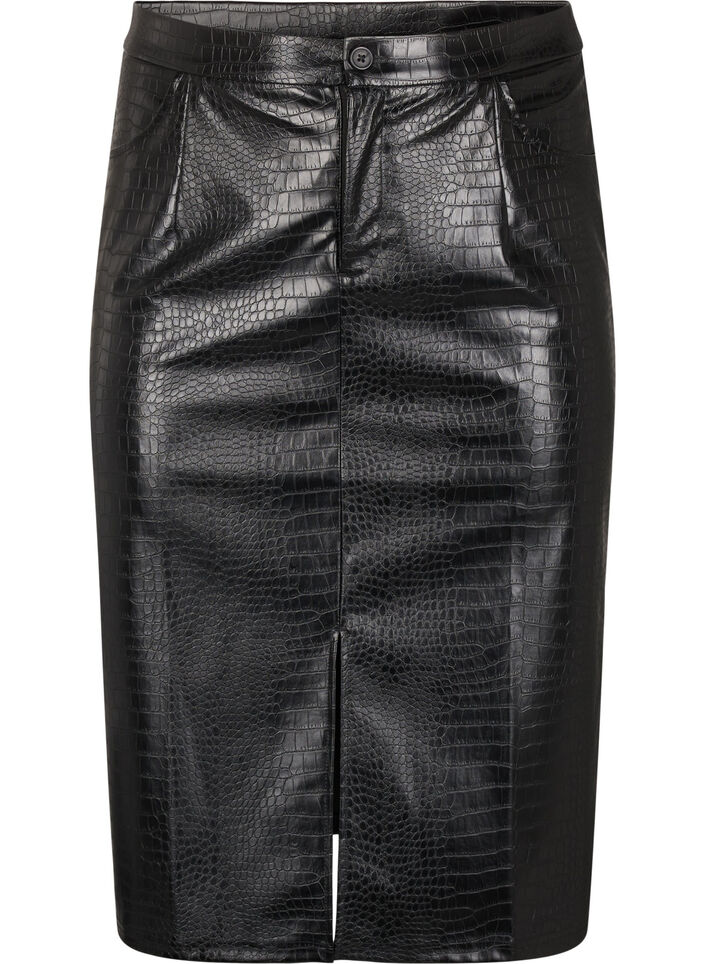 Faux leather skirt with a front slit, Black, Packshot image number 0