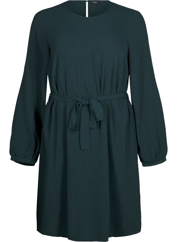 Short textured dress with a tie belt, Scarab, Packshot image number 0
