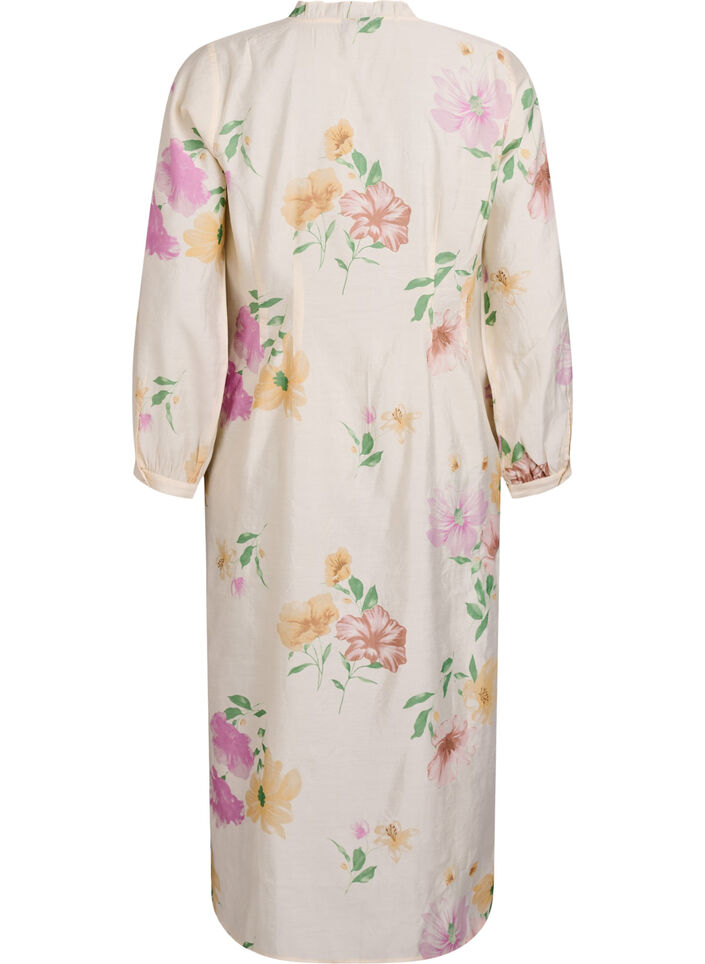 Floral midi dress with ruffle collar and button fastening, Beige, Packshot image number 1