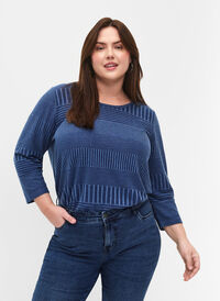 Blouse with 3/4 sleeves and striped pattern, Estate Blue Melange, Model