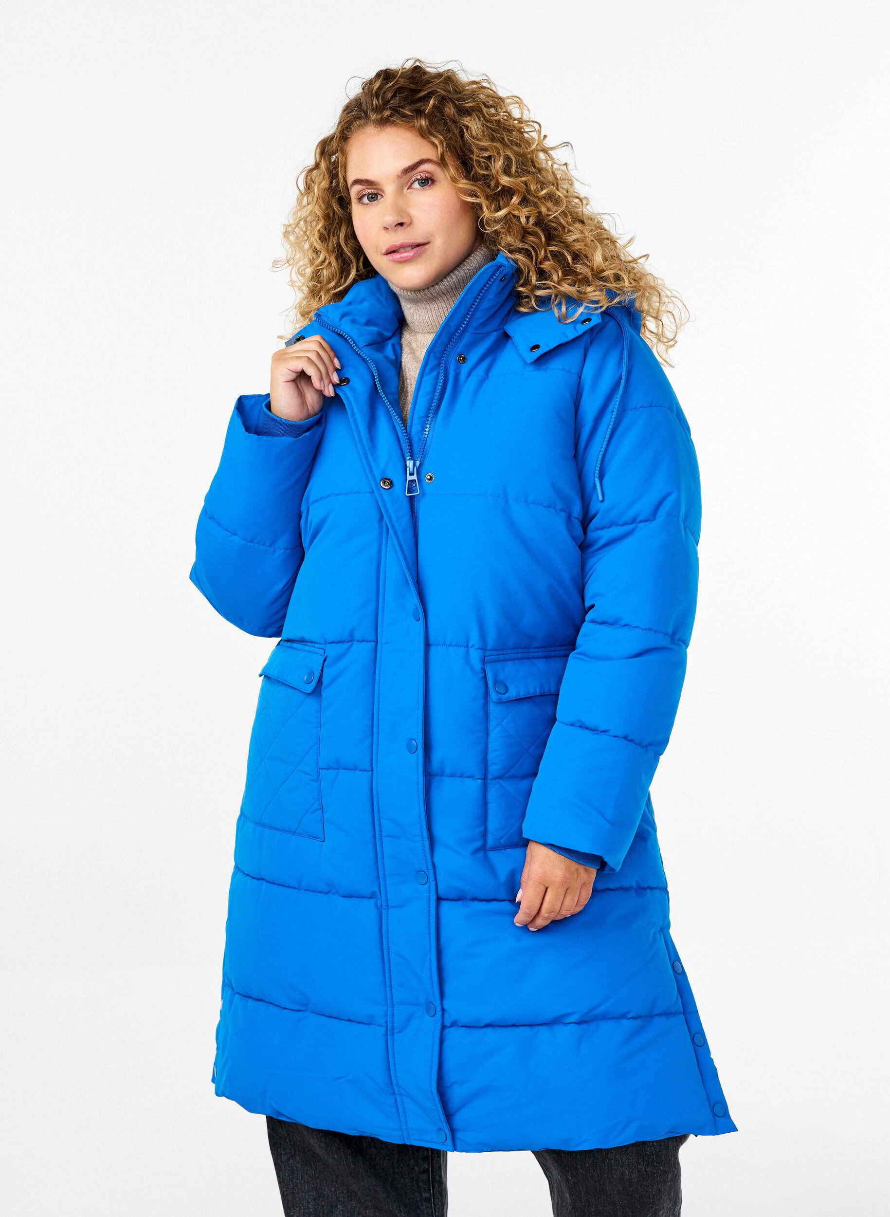 Zizzifashion Long puffer jacket with pockets and hood, Blue, Model image number 0