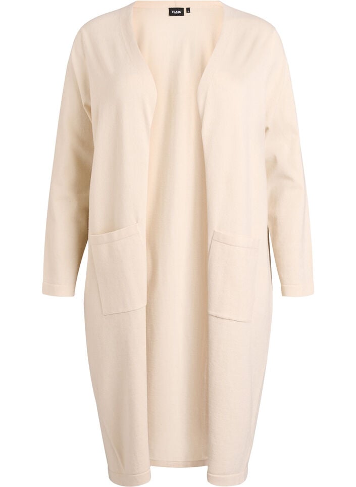 FLASH - Long, open cardigan with pockets, Beige, Packshot image number 0