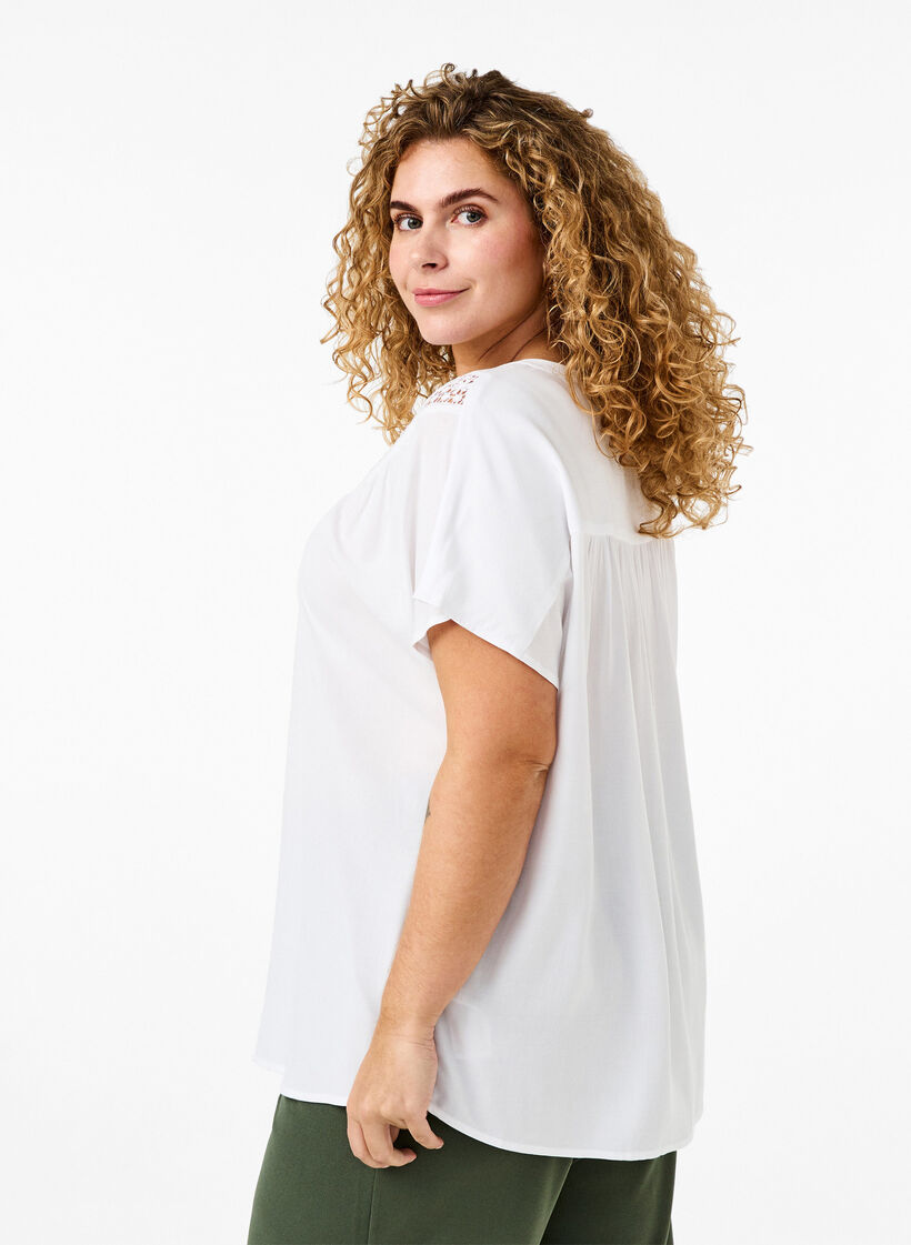 Viscose blouse with lace trim, Bright White, Model image number 1