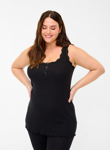 Ribbed tank top with lace and buttons, Black, Model image number 0