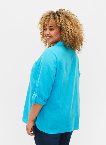 Shirt blouse with button closure in cotton-linen blend, Blue Atoll, Model image number 1