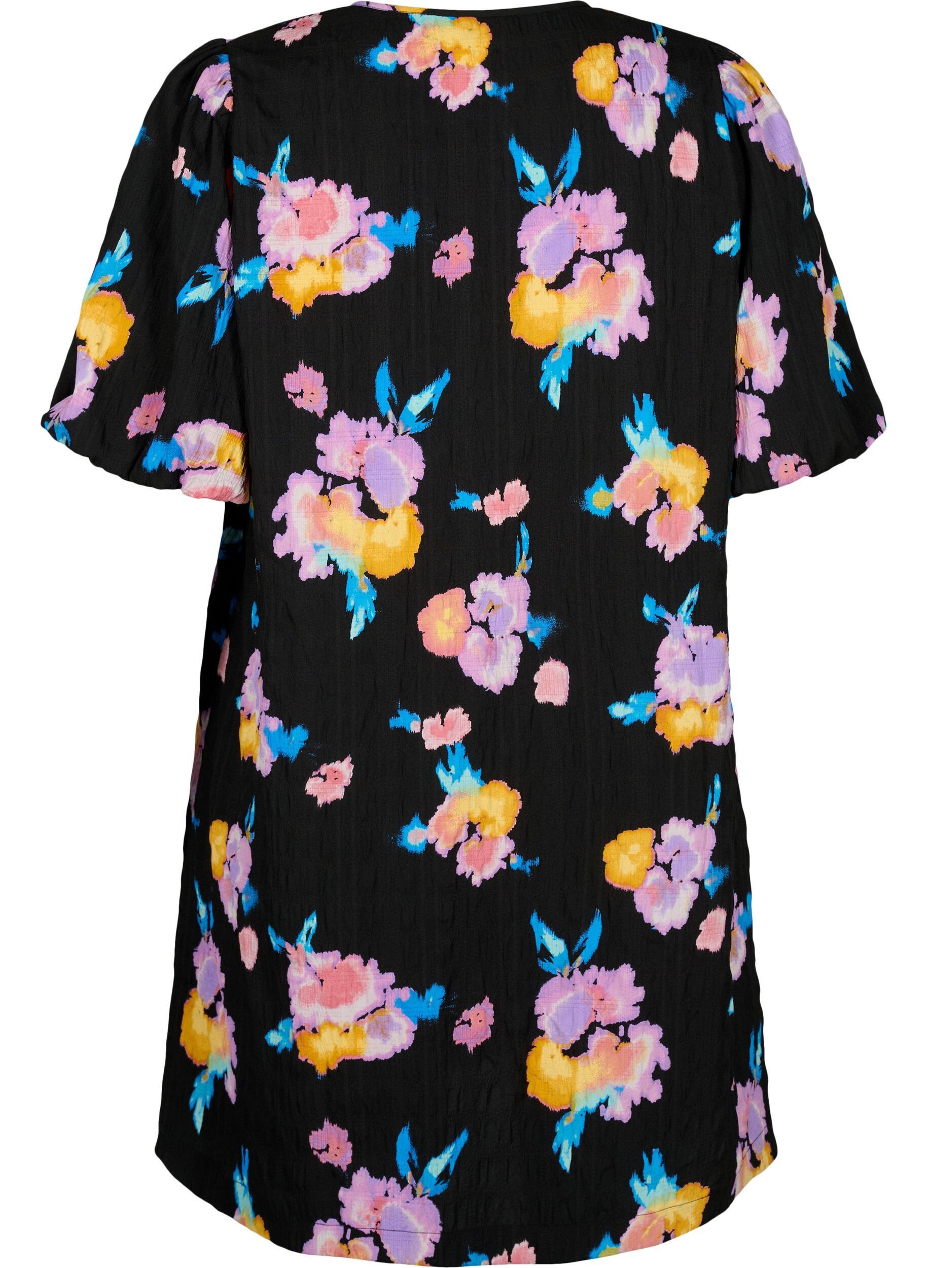 Zizzifashion Dress with short puff sleeves and floral print, Black, Packshot image number 1