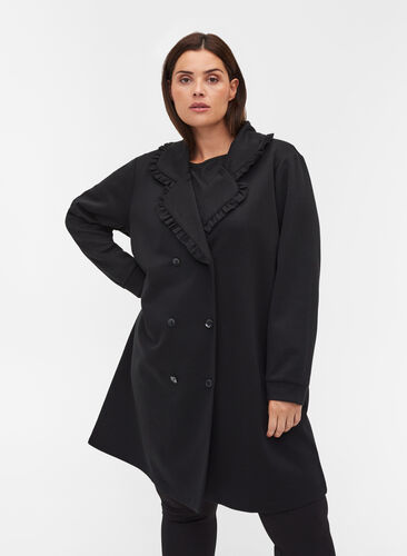 Long jacket with wide collar and ruffle details, Black, Model image number 0
