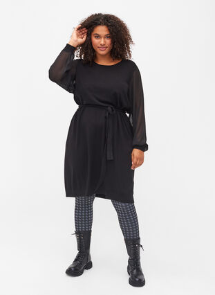 Knitted dress with sheer sleeves, Black, Model image number 2