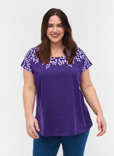 Cotton t-shirt with print details, Violet Ind Mel Feath, Model image number 0