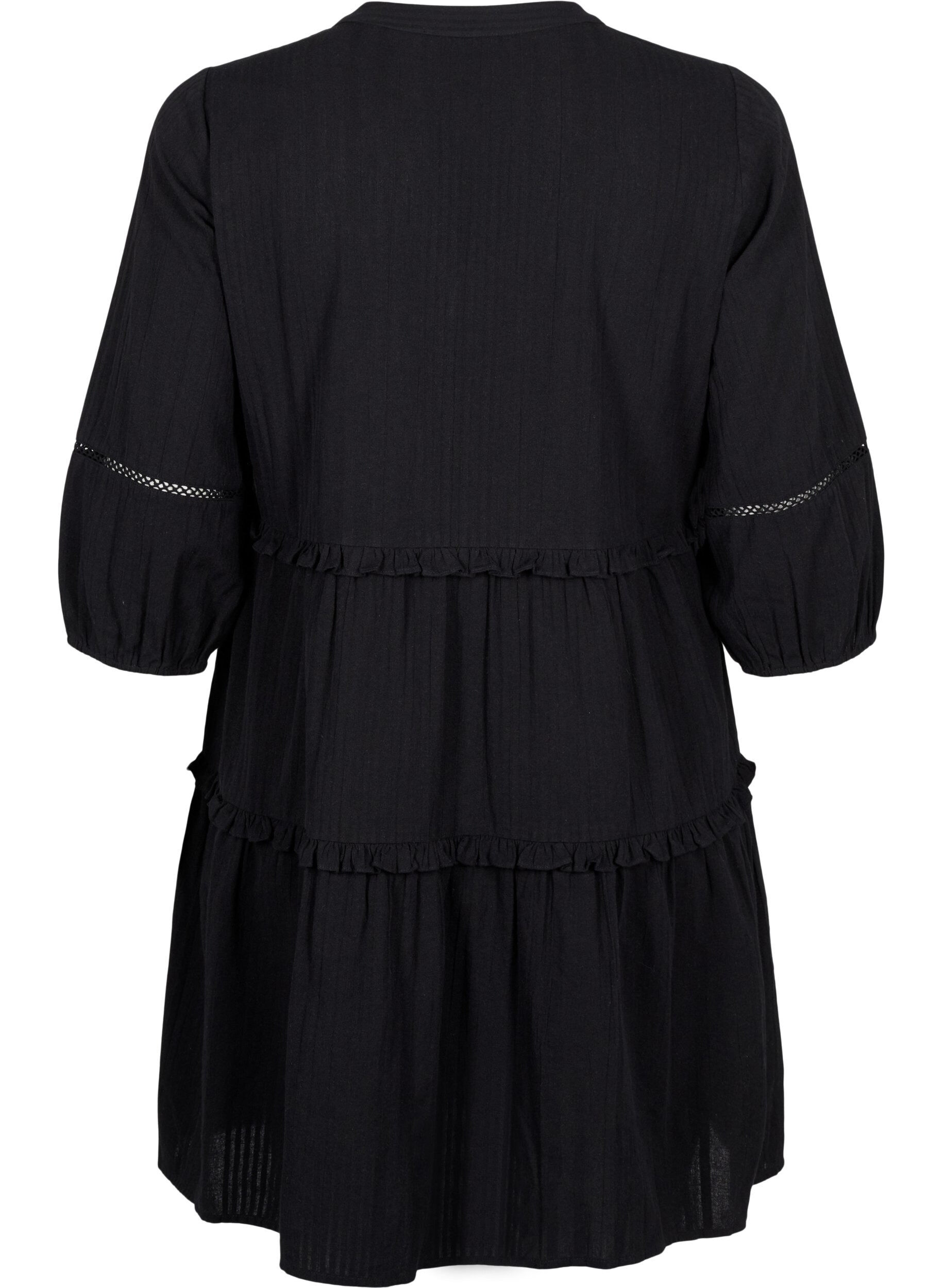 Zizzifashion 3/4 sleeve cotton dress with ruffles, Black, Packshot image number 1