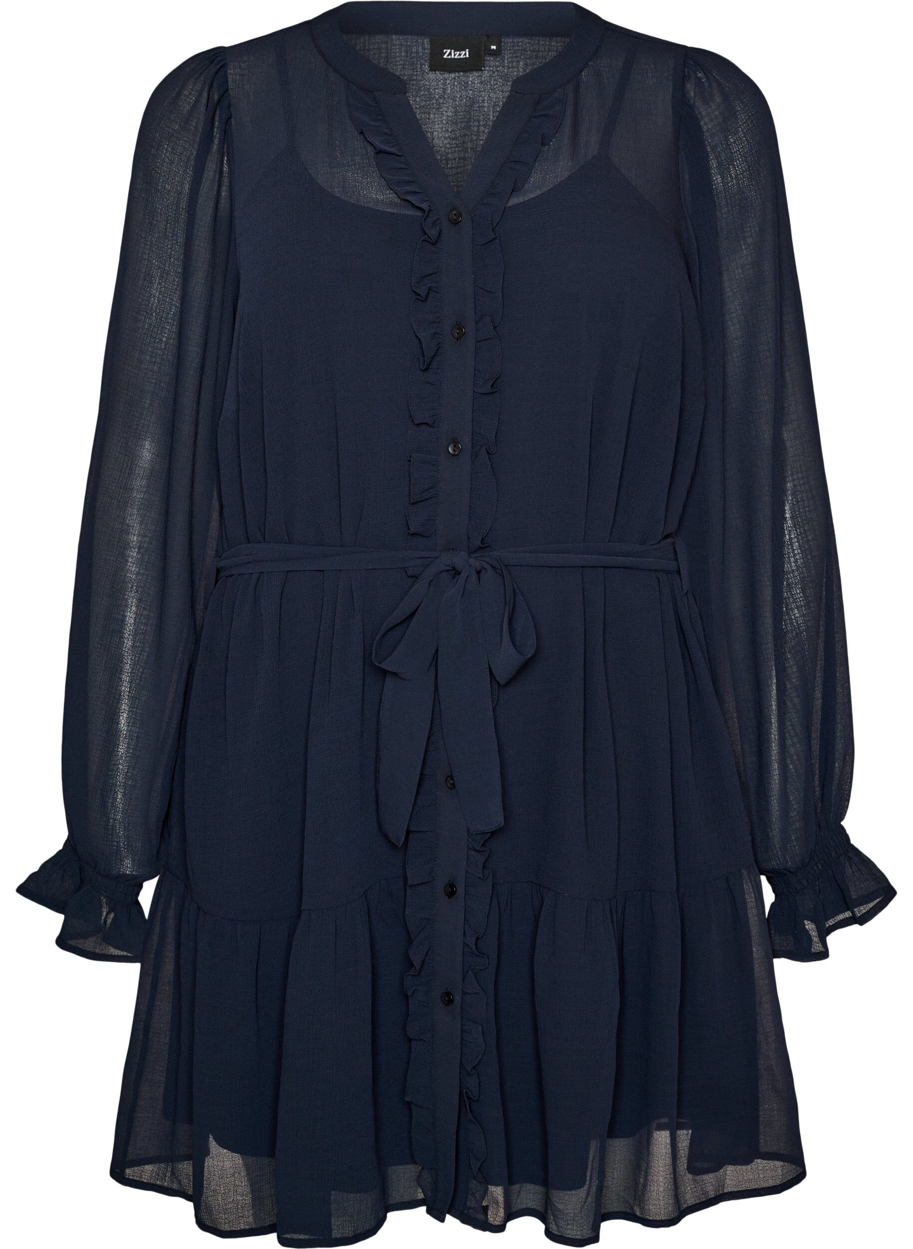 ZizzifashionShort dress with ruffle details and a tie-belt, Blue, Packshot image number 0