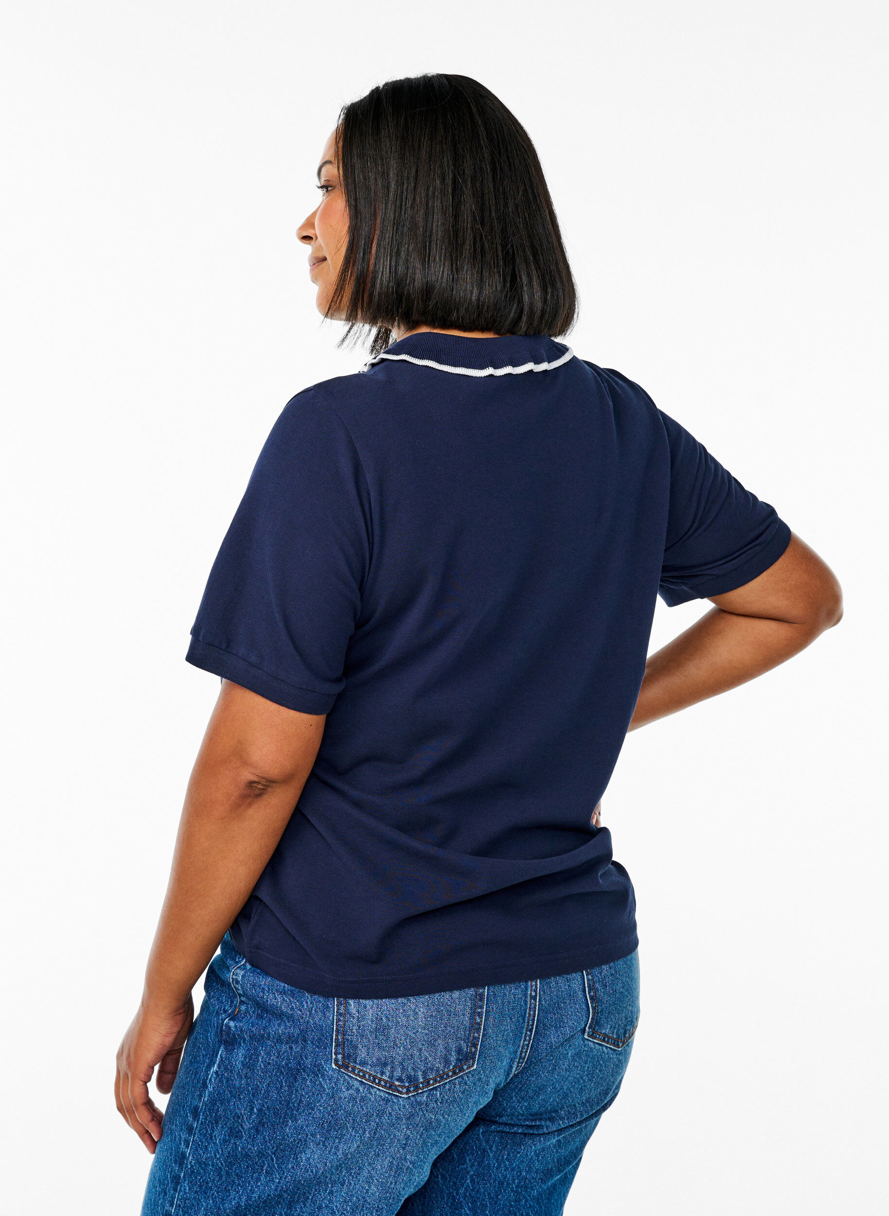 Zizzifashion Polo shirt with rhinestone buttons and ruffle detail, Blue, Model image number 2