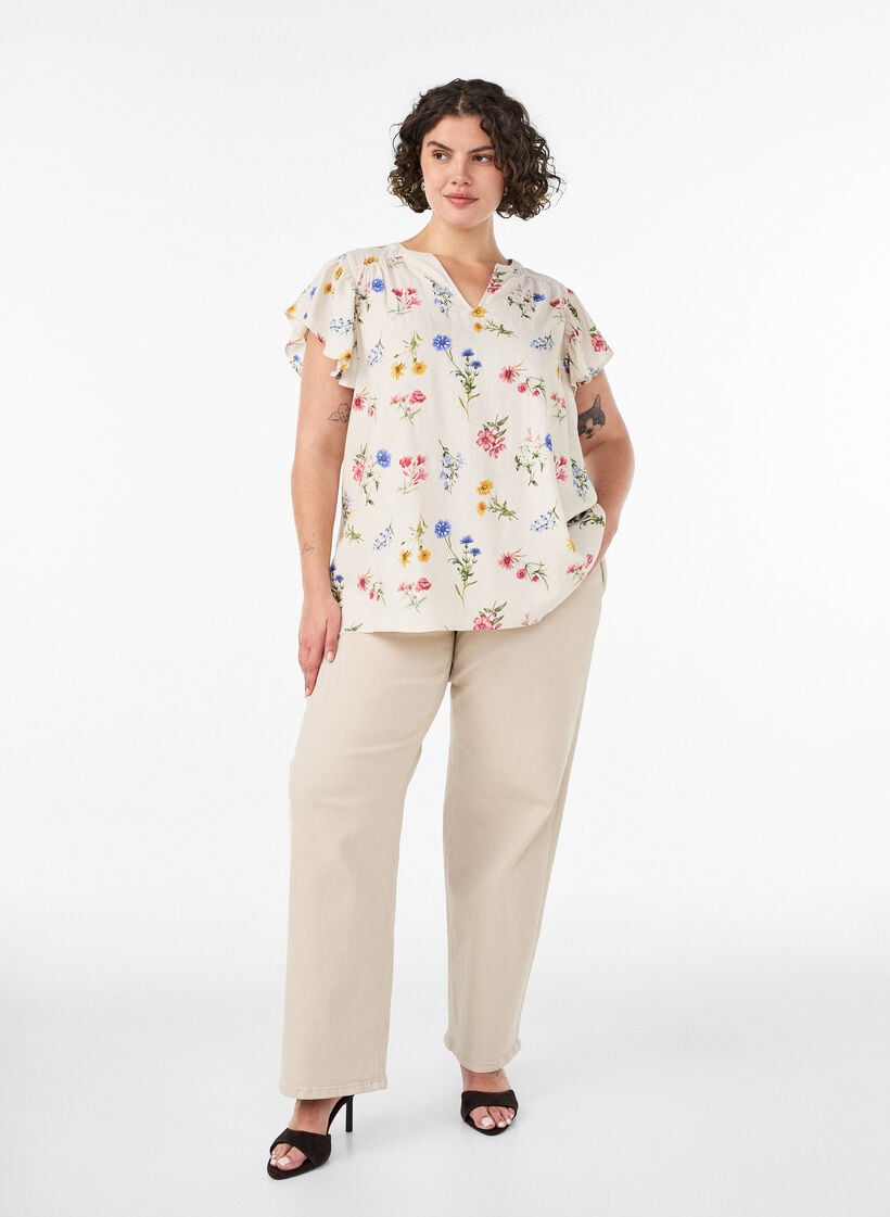 Viscose and linen blouse with ruffle sleeves, Beige, Model image number 1