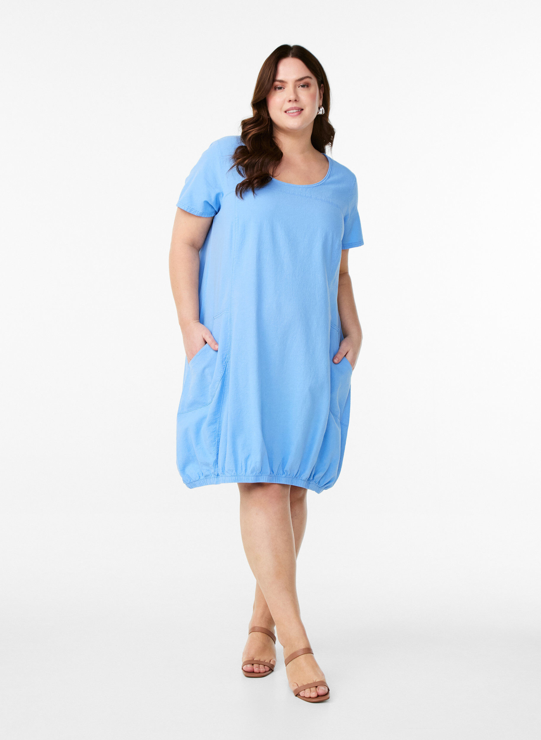ZizzifashionShort-sleeved cotton dress, Light Blue, Model image number 1