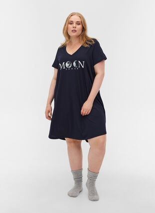 Short-sleeved cotton nightdress with print, Night Sky W. Moon, Model image number 2