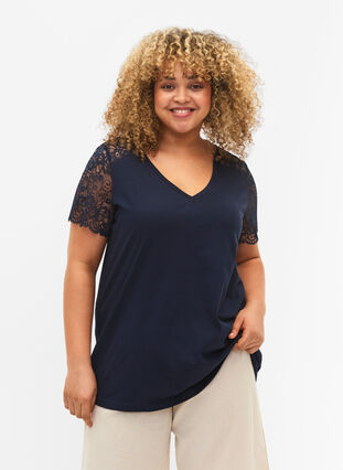 Cotton t-shirt with short lace sleeves, Navy Blazer, Model image number 0
