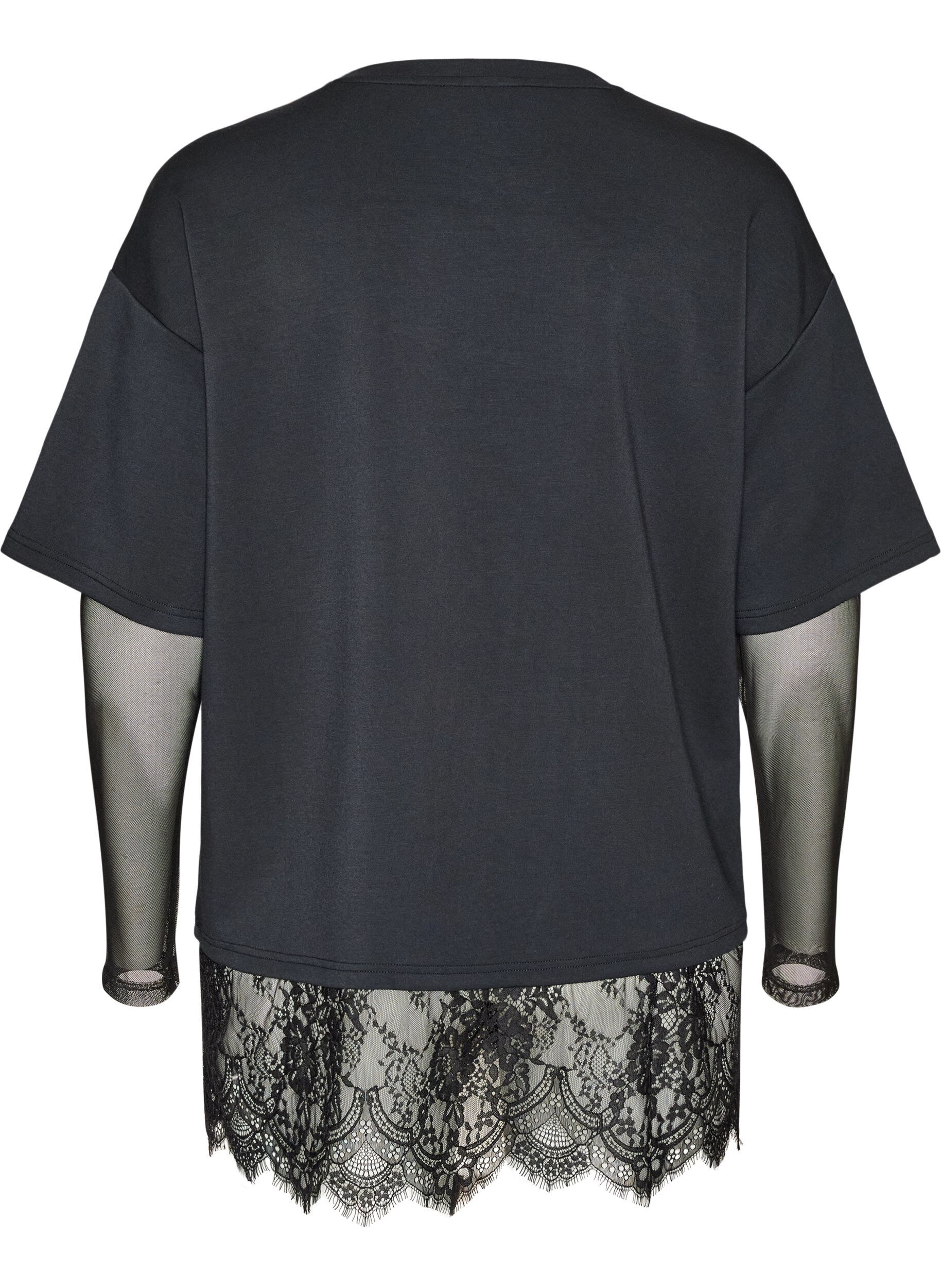 ZizzifashionBlouse with mesh sleeves and lace trim, Black, Packshot image number 1