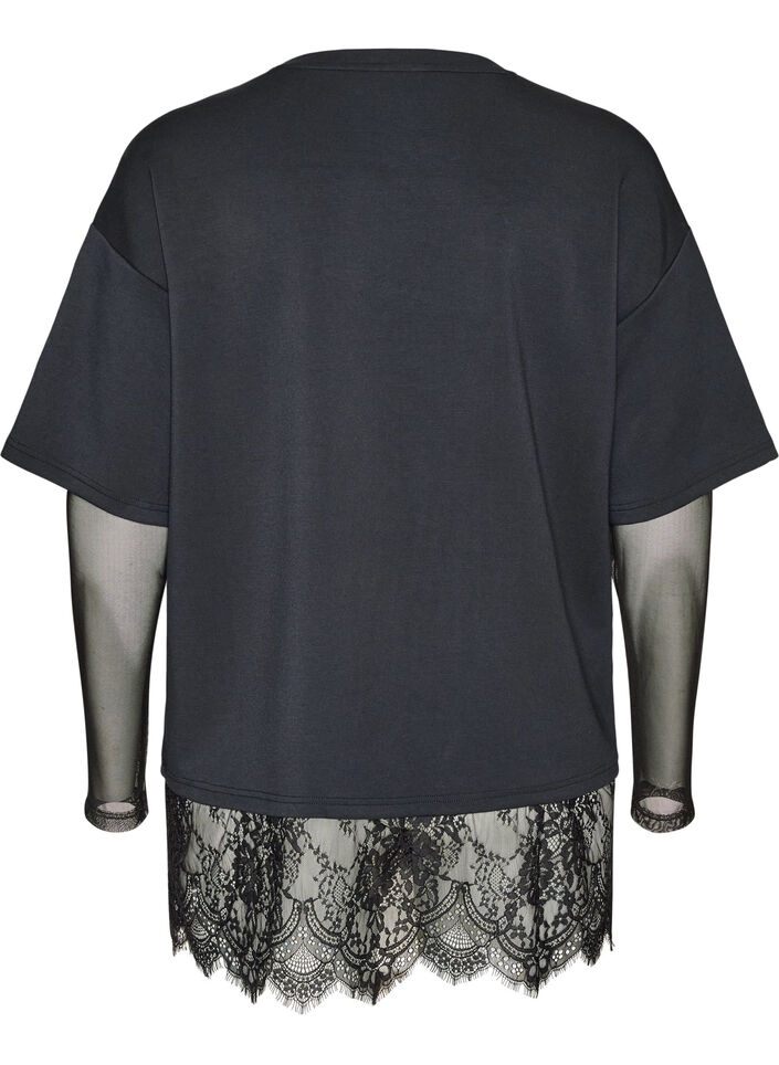 Blouse with mesh sleeves and lace trim, Black, Packshot image number 1