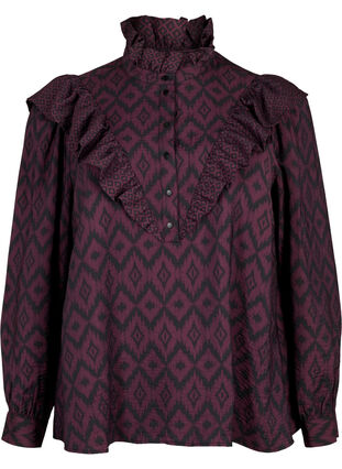 Shirt blouse in viscose with frilled details, Winetasting w. Black, Packshot image number 0