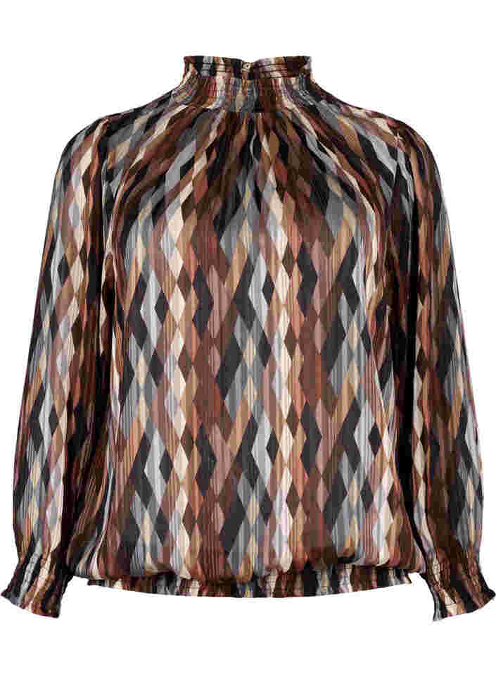 Printed blouse with smock, Earthy Zig Zag, Packshot image number 0