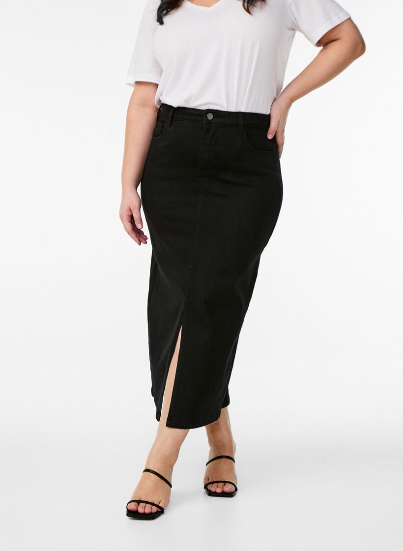 FLASH - Midi denim skirt with a front slit, Black, Model image number 2