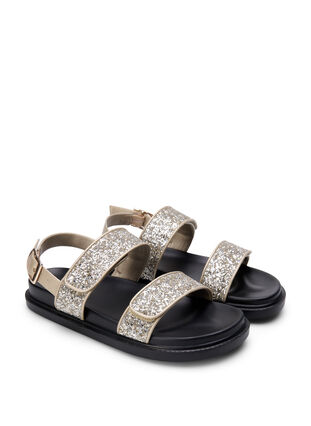 Wide fit glitter sandal with Velcro closure, Gold Glitter, Packshot image number 1