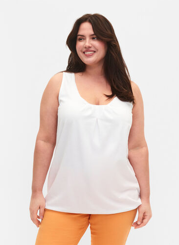 Cotton top with round neck and lace trim, Bright White, Model image number 0