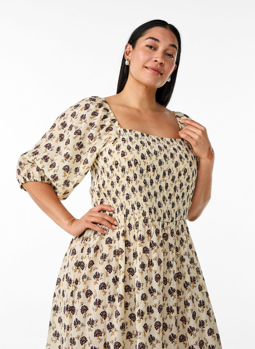 Midi dress with print and smock detailing, Vanilla, Model image number 2