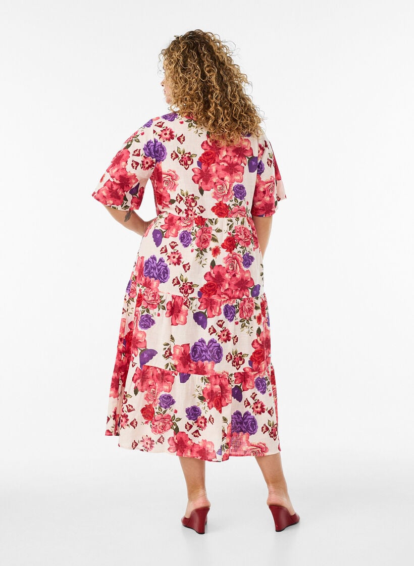 Cotton midi dress with floral print, Red, Model image number 1