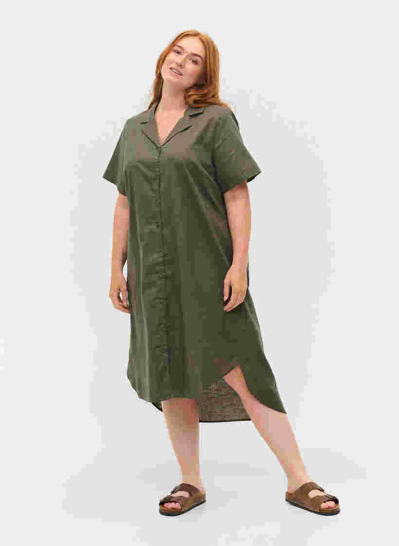 Long cotton shirt with short sleeves, Dusty Olive, Model image number 2