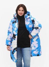 Long winter jacket with a floral print, French Blue Comb, Model