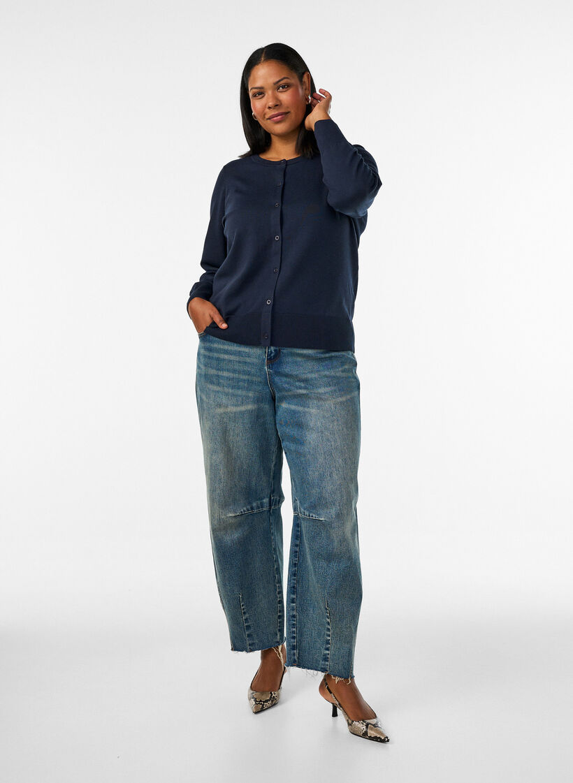 Fine-knit cardigan with round neck, Blue, Model image number 1